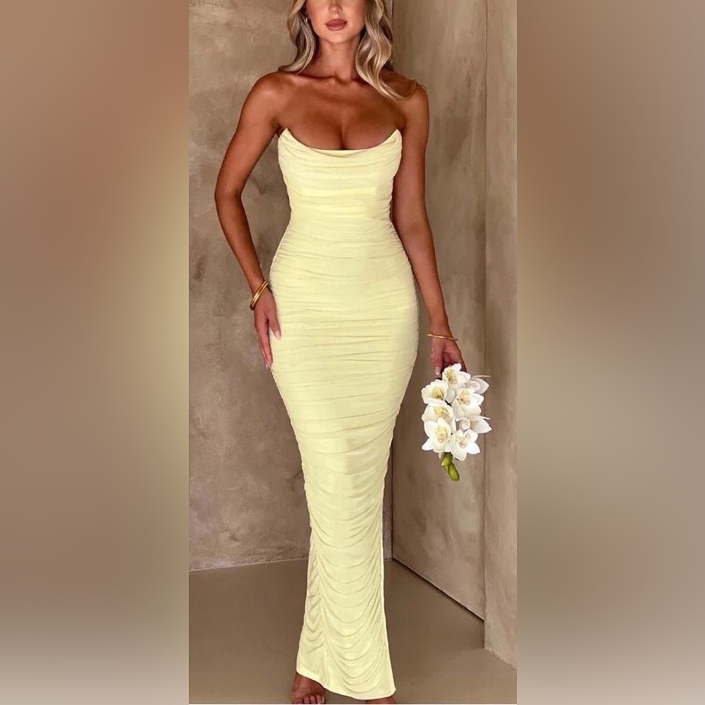 Babyboo Yellow Demi Maxi Dress with a ruched, strapless Top and Side Slit small